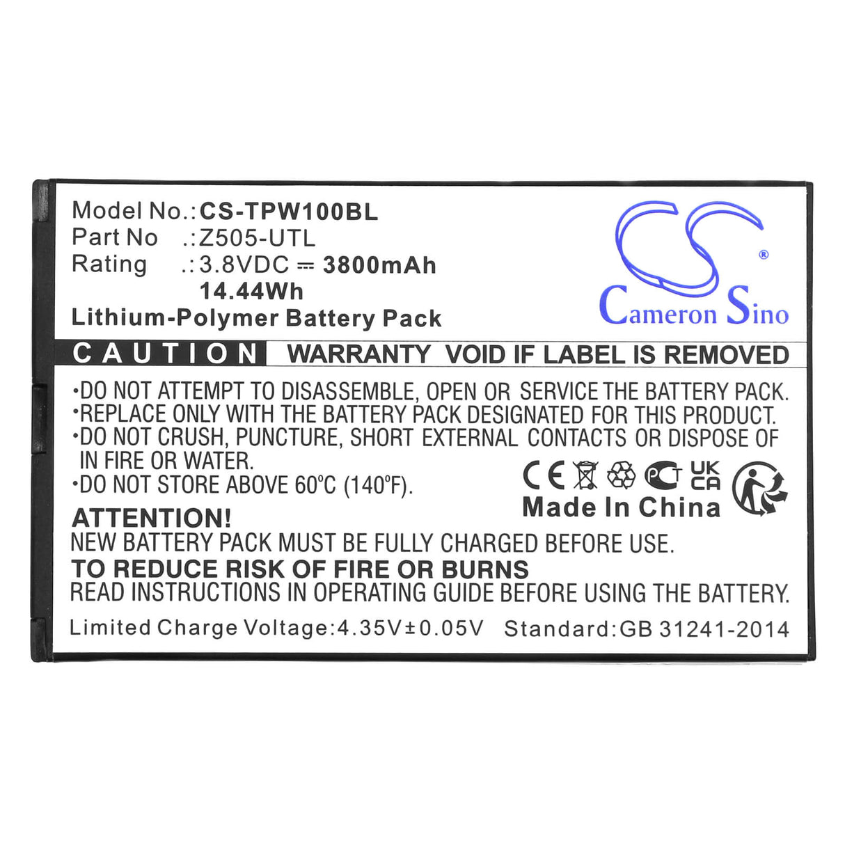 3,8V, Li-Polymer, 3800mAh, batterie de terminal de paiement compatible avec Topwise, Z505-utl, T1, 14,44Wh Terminal de paiement Cameron Sino Technology Limited