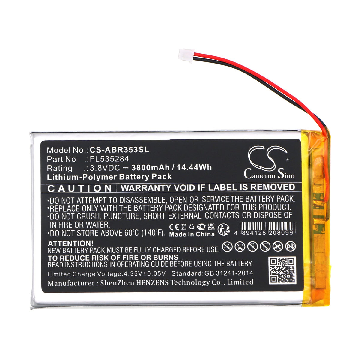3,8V, Li-Polymère, 3800mAh, Batterie de console de jeu compatible avec Anbernic, Fl535284, Rg353p Retro, 14,44Wh Console de jeu Cameron Sino Technology Limited