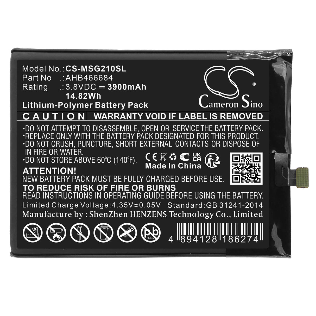 3,8V, Li-Polymer, 3900mAh, batterie de smartphone compatible avec Meder, Ahb466684, Smartguide 2, Smartguide 210-464, 14,82Wh Mobile, Smartphone Cameron Sino Technology Limited (Smartphone)