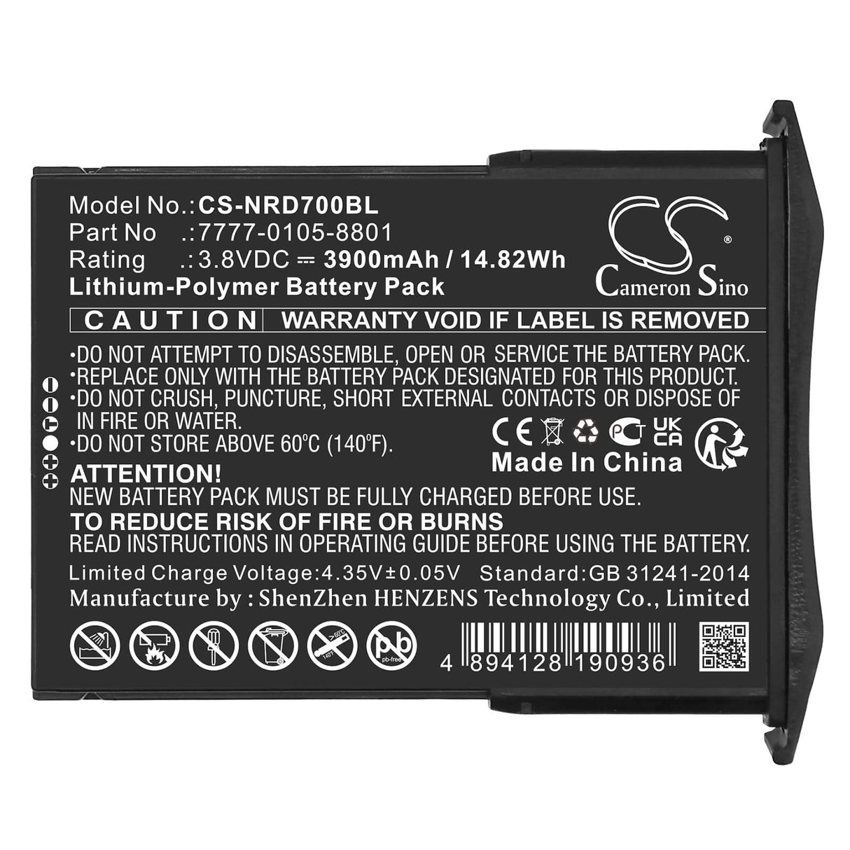 3.8v, Li-polymer, 3900mah, Barcode Scanner Battery Fits Ncr Orderman, 7, 7 Msr, 14.82wh Barcode Scanner Cameron Sino Technology Limited