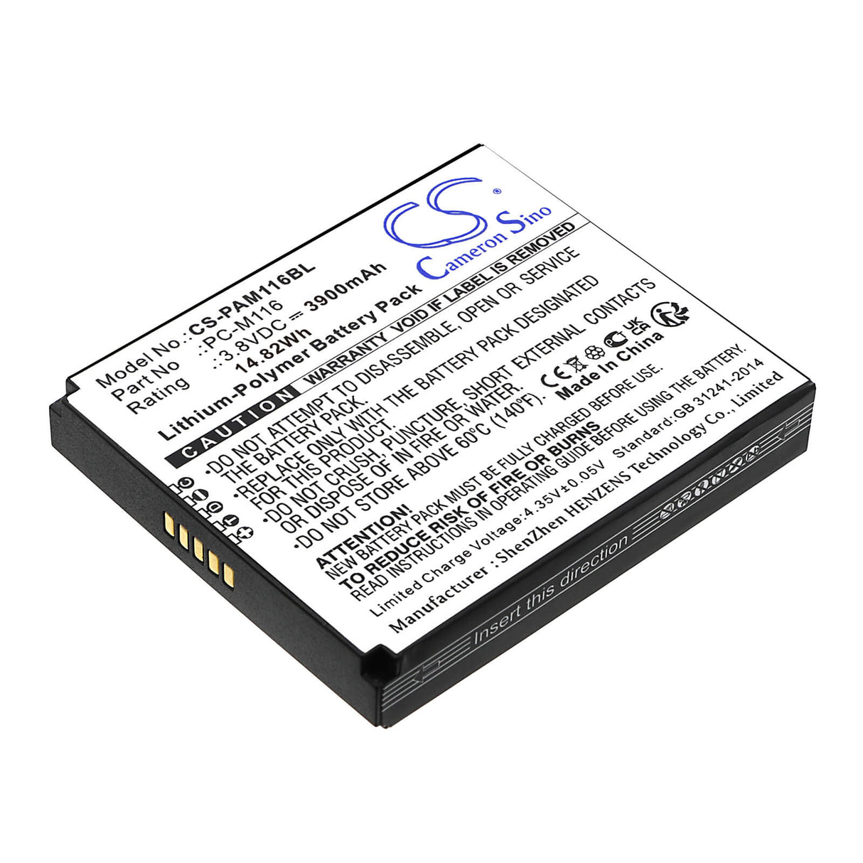 3,8V, Li-Polymer, 3900mAh, batterie de terminal de paiement s'adapte à Pax, Pc-m116, X3s, X5, 14,82Wh Terminal de paiement Cameron Sino Technology Limited