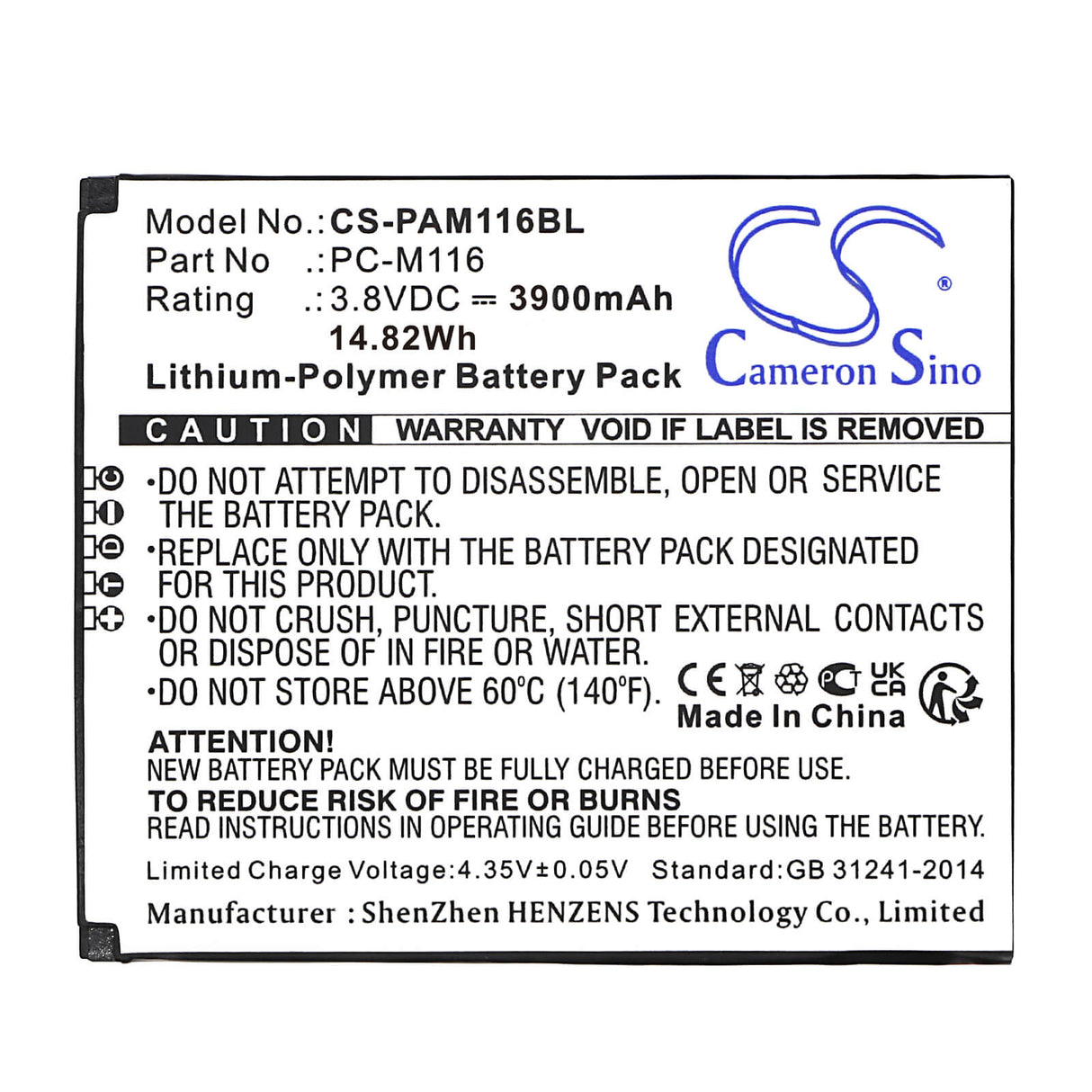 3,8V, Li-Polymer, 3900mAh, batterie de terminal de paiement s'adapte à Pax, Pc-m116, X3s, X5, 14,82Wh Terminal de paiement Cameron Sino Technology Limited