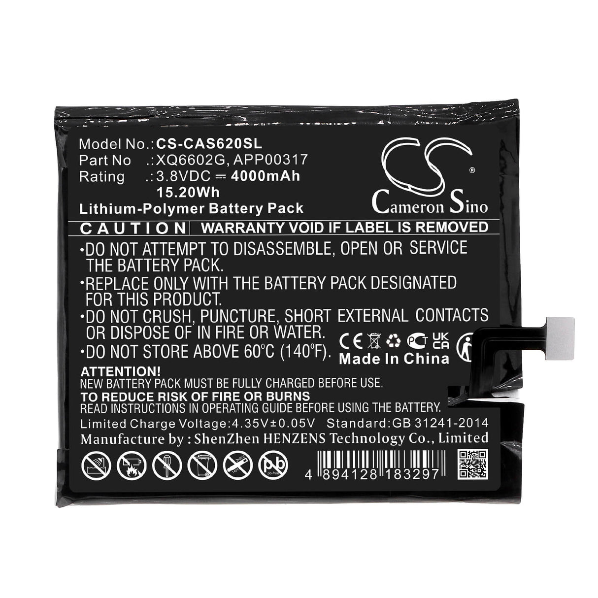 3.8V, Li-Polymer, 4000mAh, SmartPhone battery fits Cat, Caterpillar, Xq6602g, S62, 15.2Wh Mobile, SmartPhone Cameron Sino Technology Limited (Smartphone)