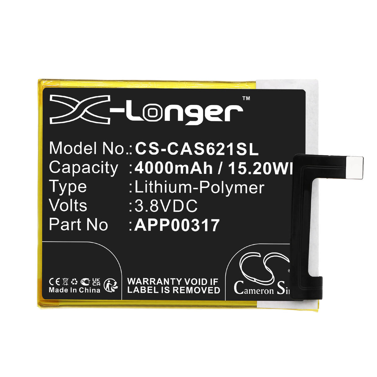 3.8v, Li-polymer, 4000mah, Smartphone battery Fits Caterpillar, S62 Pro, 15.20wh Mobile, SmartPhone Cameron Sino Technology Limited (Smartphone)