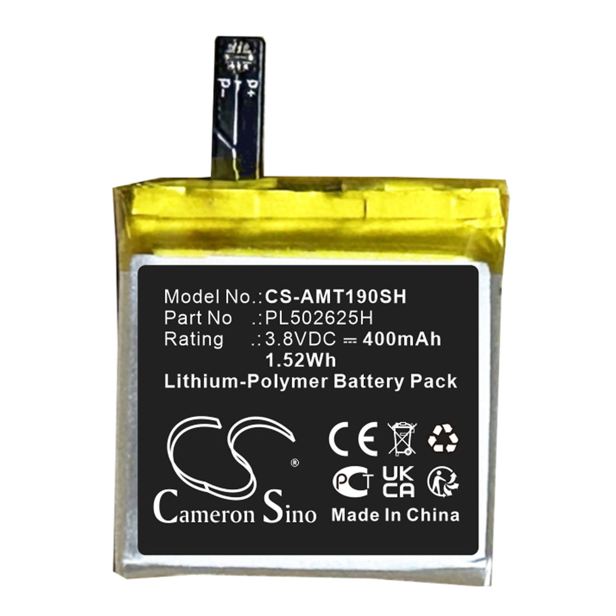 3.8V, Li-Polymer, 400mAh, Smartwatch battery fits Amazfit, Pl502625h, A19029, Gtr 47mm, 1.52Wh Smartwatch Cameron Sino Technology Limited