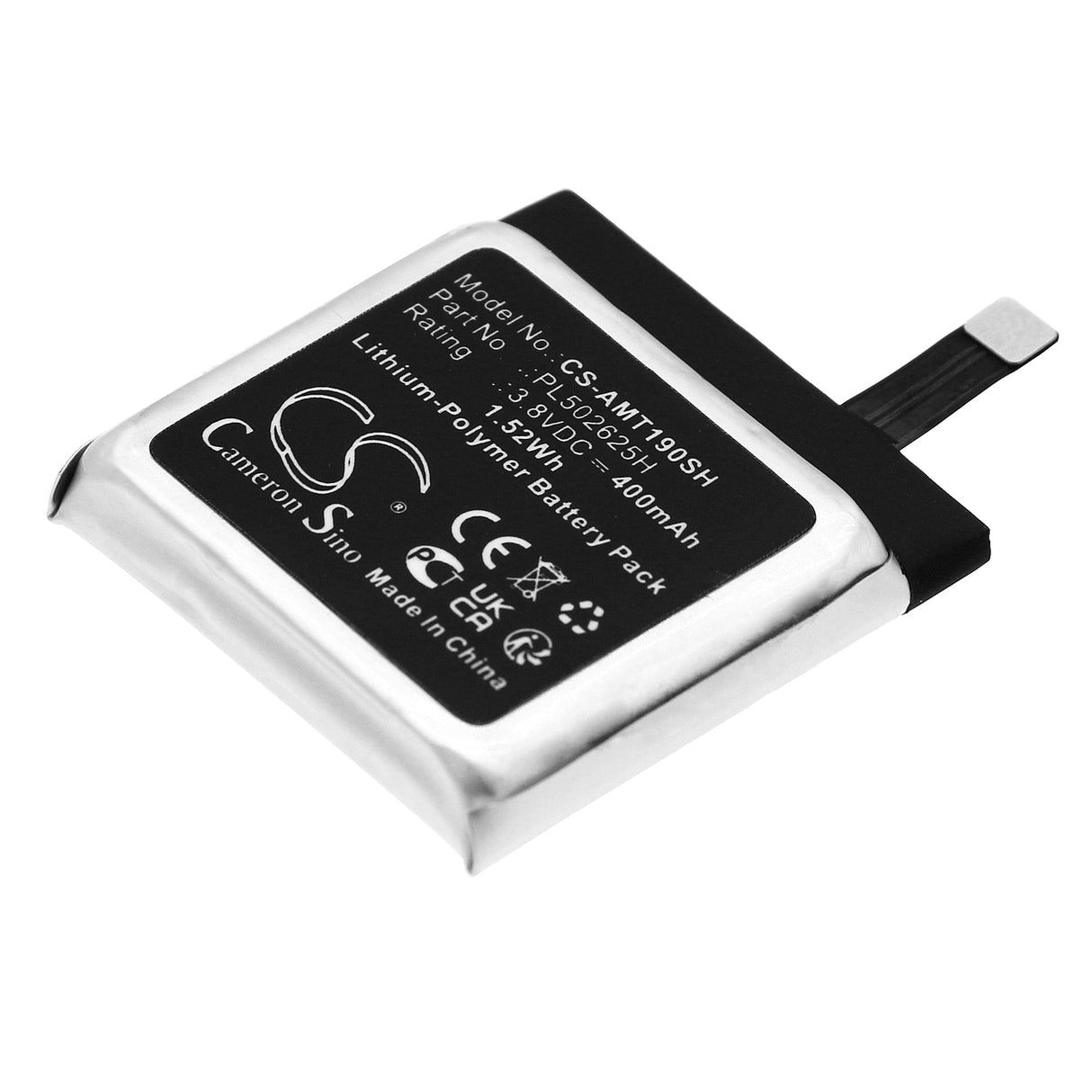 3.8V, Li-Polymer, 400mAh, Smartwatch battery fits Amazfit, Pl502625h, A19029, Gtr 47mm, 1.52Wh Smartwatch Cameron Sino Technology Limited