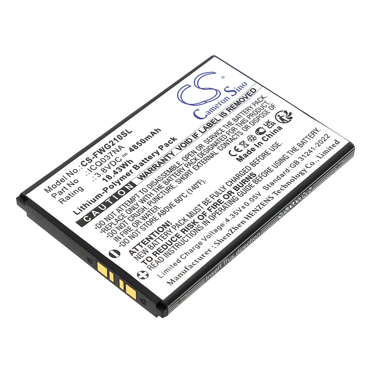 3.8V, Li-Polymer, 4850mAh, Hotspot battery fits Franklin, A50, Jextream, 18.43Wh Hotspot Cameron Sino Technology Limited