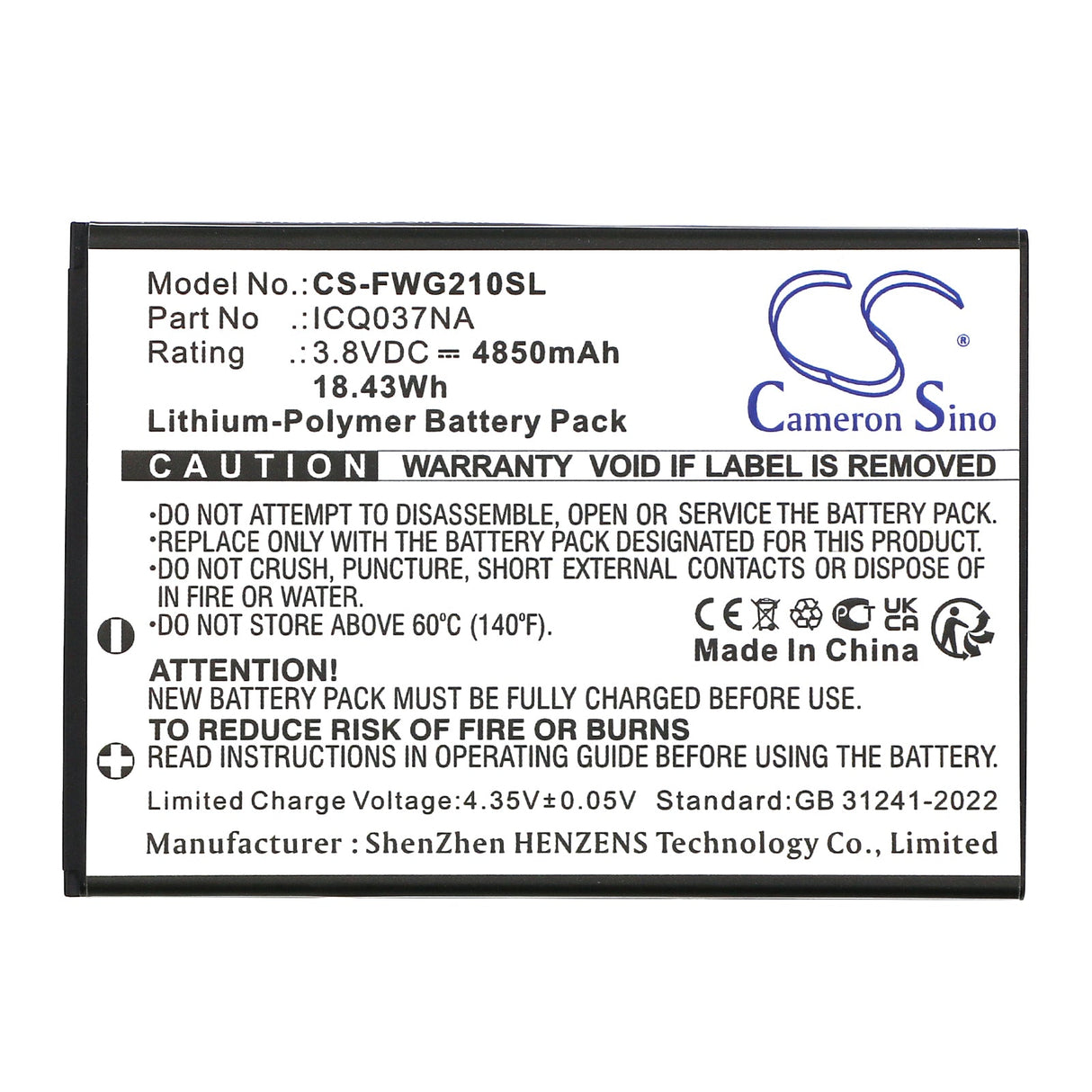 3.8V, Li-Polymer, 4850mAh, Hotspot battery fits Franklin, A50, Jextream, 18.43Wh Hotspot Cameron Sino Technology Limited
