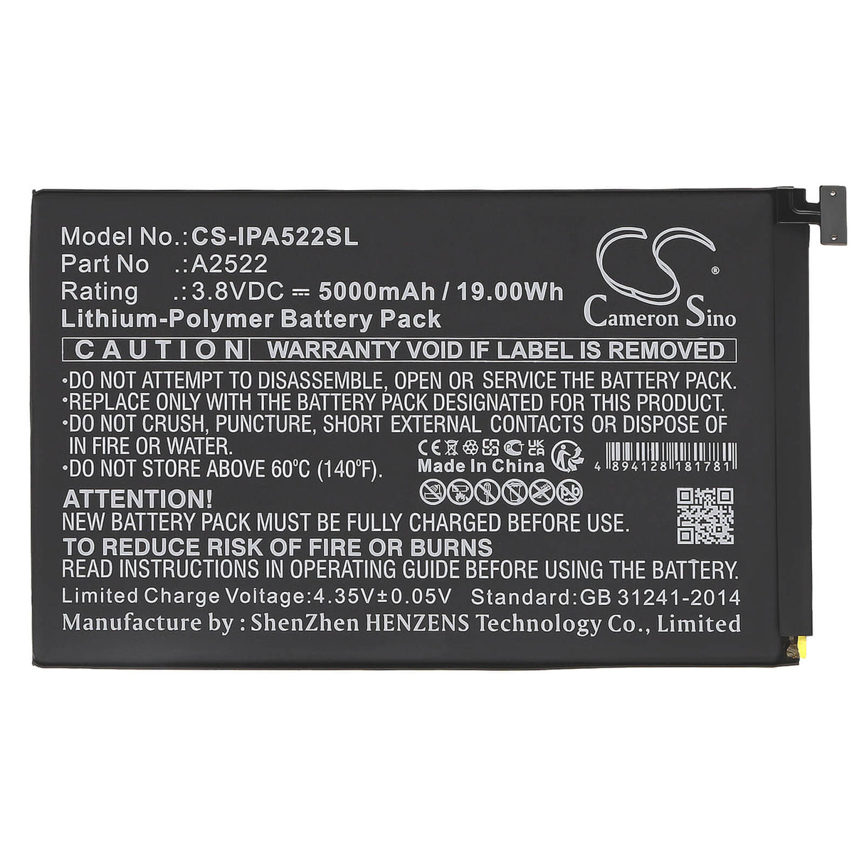 3.8V, Li-Polymer, 5000mAh, Tablet battery fits Apple, A2522, A2567, A2568, 19.00Wh Tablet Cameron Sino Technology Limited