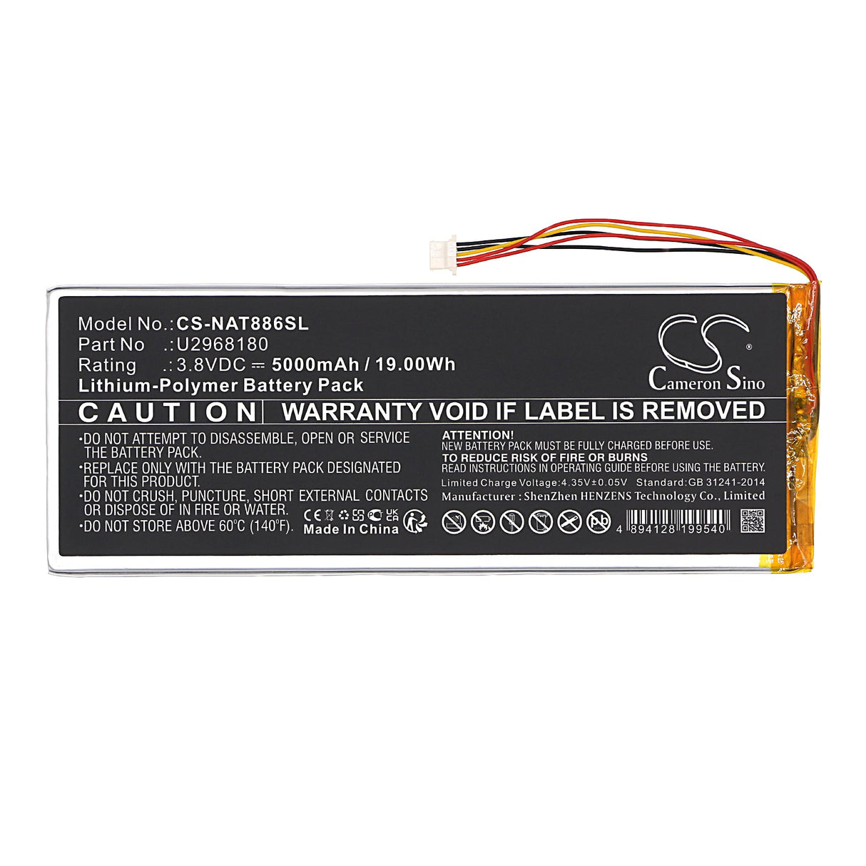 3.8V, Li-Polymer, 5000mAh, Tablet Battery fits Onn, 100011886, Nsurf Tablet 10" Gen 2, 19.00Wh Tablet Cameron Sino Technology Limited