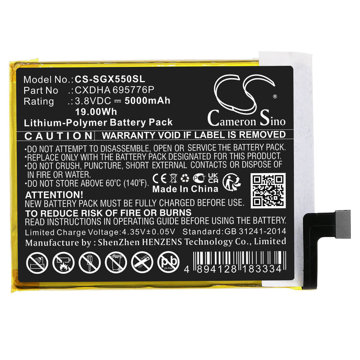 3,8 V, Li-Polymère, 5000 mAh, batterie GPS compatible avec Skygolf, Cxdha 695776p, Skycaddie Sx550, 19 Wh GPS, Navigator Cameron Sino Technology Limited