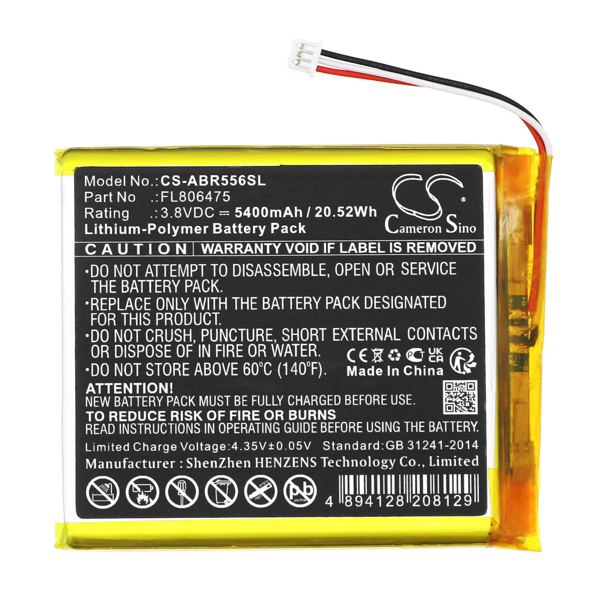 3.8V, Li-Polymer, 5400mAh, batterie de console de jeu compatible avec Anbernic, Fl806475, Rg556, 20.52Wh Console de jeu Cameron Sino Technology Limited