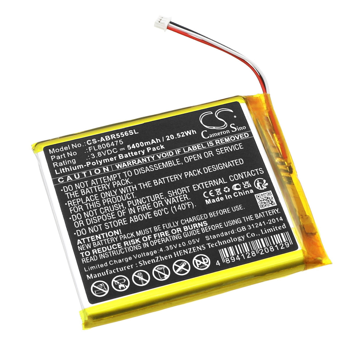 3.8V, Li-Polymer, 5400mAh, batterie de console de jeu compatible avec Anbernic, Fl806475, Rg556, 20.52Wh Console de jeu Cameron Sino Technology Limited