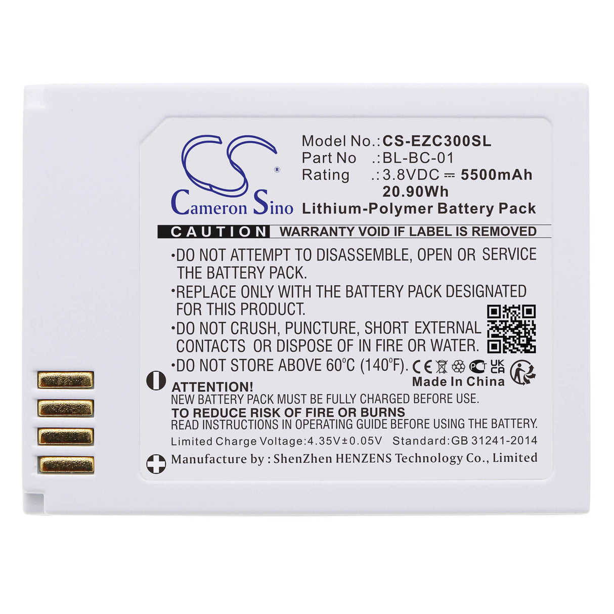 3.8v, Li-polymère, 5500mah, Batterie de caméra de sécurité domestique compatible avec Ezviz, C3a, 20.90wh Caméra de sécurité domestique Cameron Sino Technology Limited