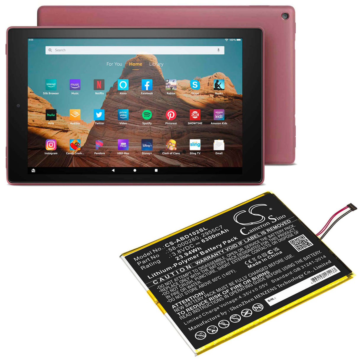 3.8V, Li-Polymer, 6300mAh, Tablet battery fits Amazon, 2955c7, Kindle Fire Hd 10.1 9th, M2v3r5, 23.94Wh Tablet Cameron Sino Technology Limited