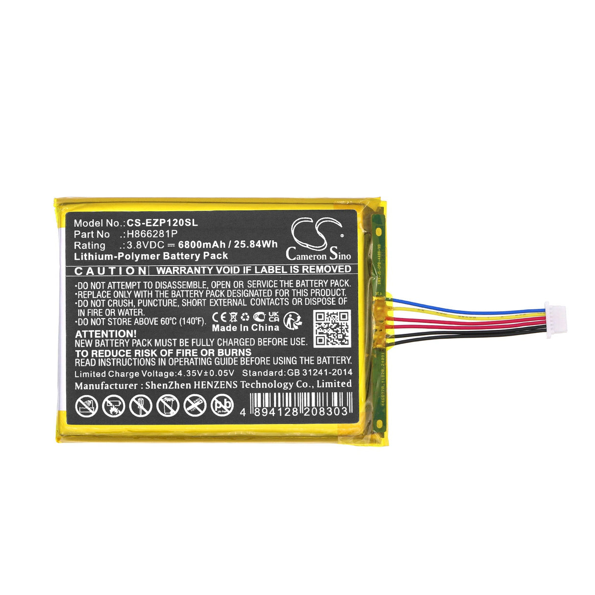 3,8V, Li-Polymer, 6800mAh, batterie de caméra de sécurité domestique compatible avec Ezviz, Dp1, Dp1c, 25,84Wh Home Security Camera Cameron Sino Technology Limited