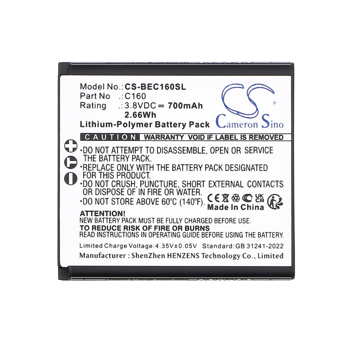 3,8V, Li-Polymère, 700mAh, Batterie pour mobile, smartphone adaptée à Bea-fon, C160, C160, C160 Schwarz, 2,66Wh Mobile, Smartphone Cameron Sino Technology Limited (Smartphone)
