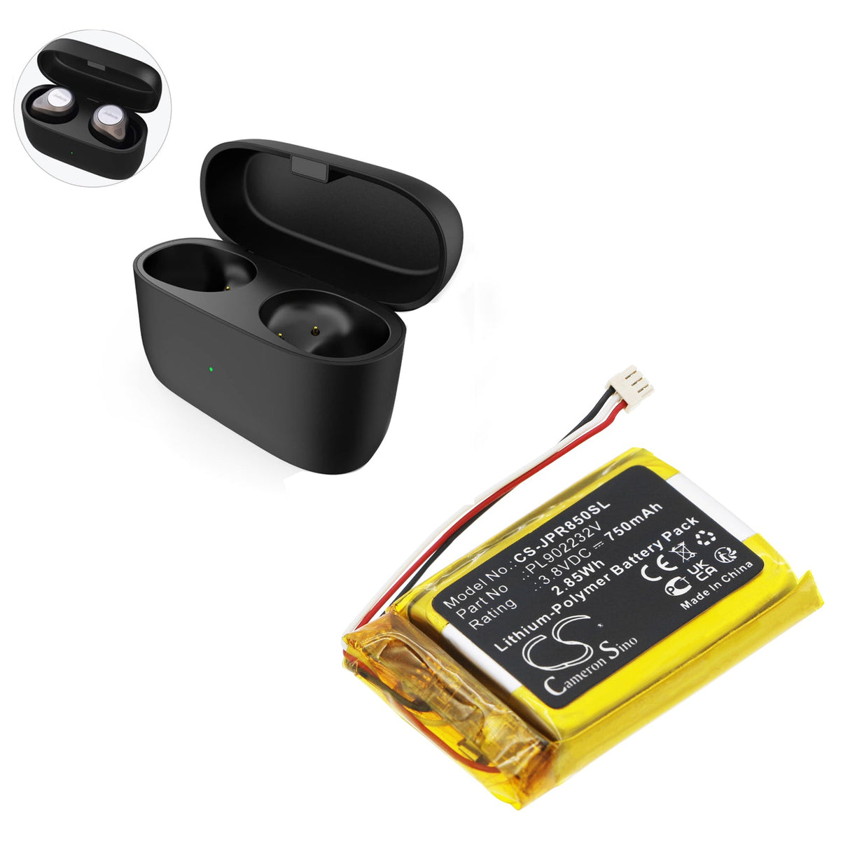3.8V, Li-Polymer, 750mAh, Wireless Headset battery fits Jabra, Elite 85t Charging Case, 2.85Wh Wireless Headset Cameron Sino Technology Limited