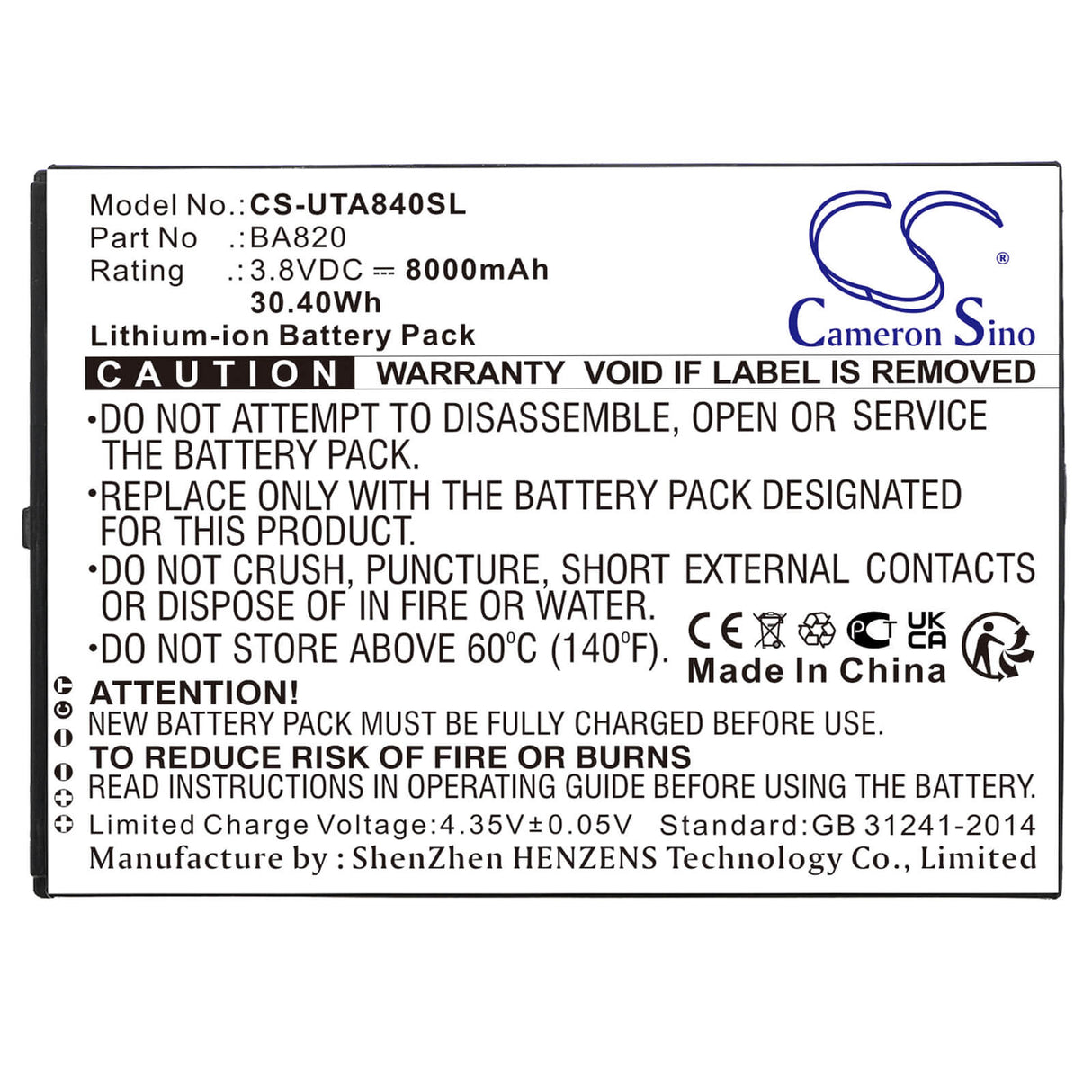 3.8V, Li-Polymer, 8000mAh, Tablet battery fits Sonim, Unistrong, Unitech, Ba820, Zenius800 Android Tablet, 30.40Wh Tablet Cameron Sino Technology Limited