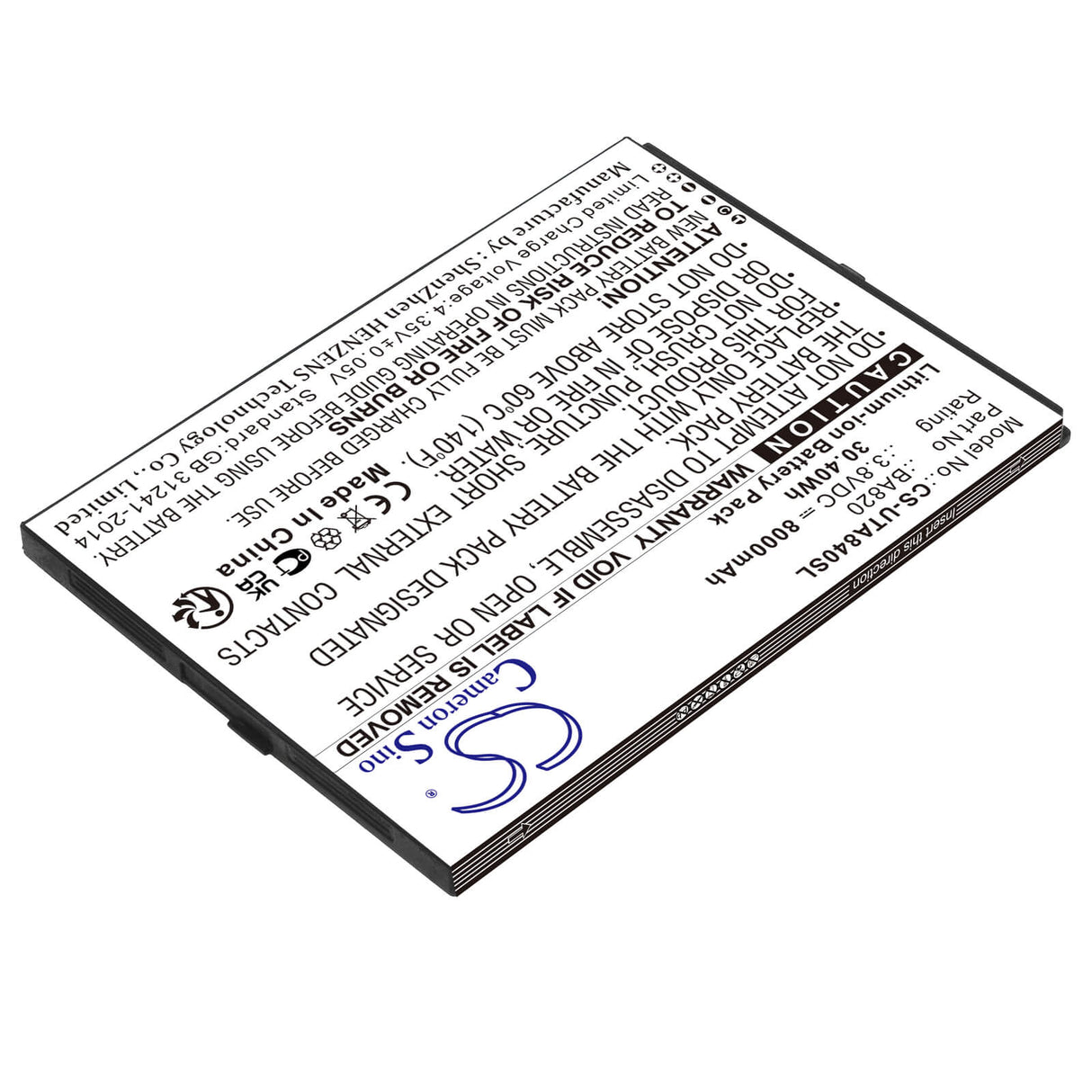 3.8V, Li-Polymer, 8000mAh, Tablet battery fits Sonim, Unistrong, Unitech, Ba820, Zenius800 Android Tablet, 30.40Wh Tablet Cameron Sino Technology Limited