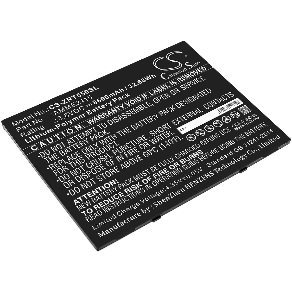 3.8V, Li-Polymer, 8600mAh, Tablet battery fits Zebra, Amme2415, Et50, Et55, 32.68Wh Tablet Cameron Sino Technology Limited