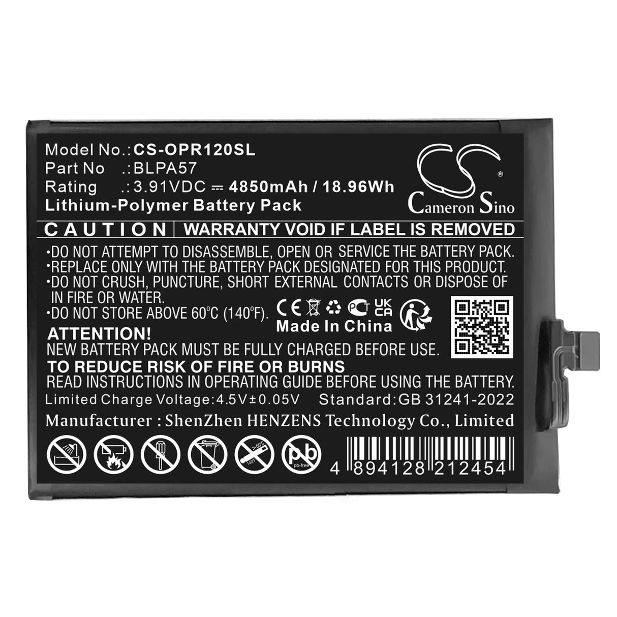 3,91V, Li-Polymère, 4850mAh, Batterie Mobile, Smartphone compatible avec Oppo, Cph2629, Reno12 Pro, 18,96Wh Mobile, Smartphone Cameron Sino Technology Limited (Smartphone)
