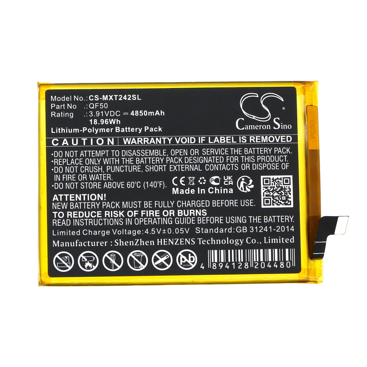 3.91V, Li-Polymer, 4850mAh, SmartPhone battery fits Motorola, Qf50, Moto G04, Xt2421, 18.96Wh Mobile, SmartPhone Cameron Sino Technology Limited (Smartphone)