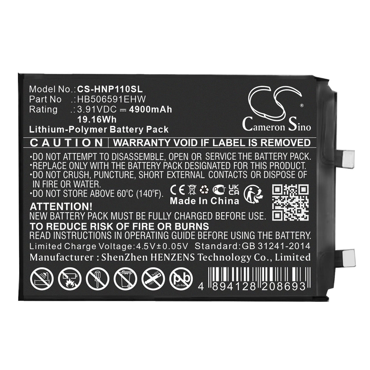 3.91V, Li-Polymer, 4900mAh, SmartPhone battery fits Honor, Hb506591ehw, 100 Pro, Maa-an10, 19.16Wh Mobile, SmartPhone Cameron Sino Technology Limited (Smartphone)