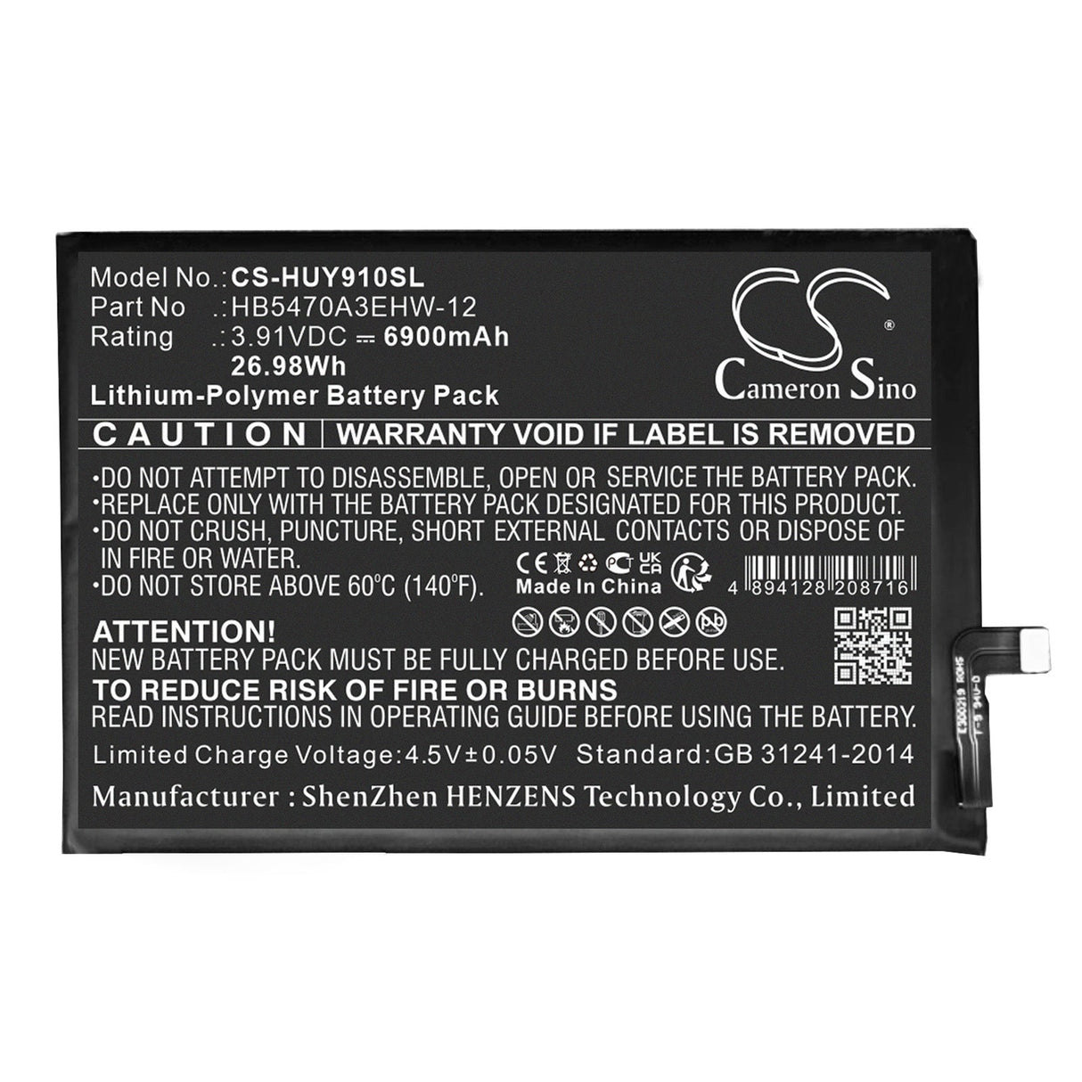 3,91V, Li-Polymer, 6900mAh, batterie de smartphone compatible avec Huawei, Hb5470a3ehw-12, Changxiang 60x, Enjoy 60x 4g, 26,98Wh Mobile, Smartphone Cameron Sino Technology Limited (Smartphone)