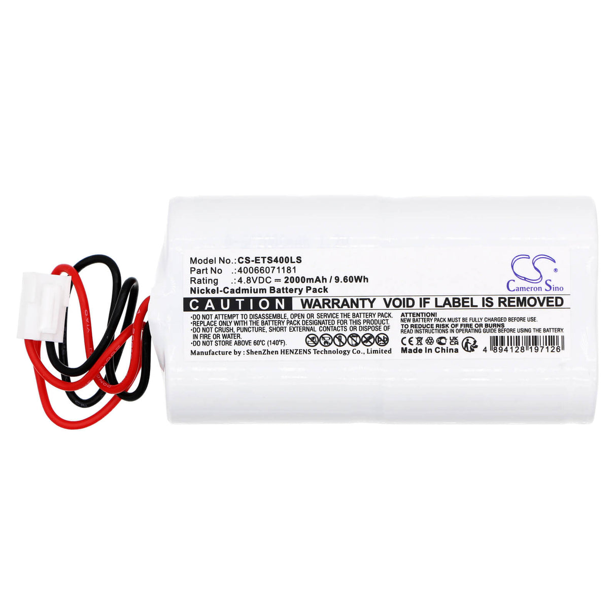 4.8V, Ni-CD, 2000mAh, Batterie d'éclairage de secours compatible avec Eaton, 40066071181, Lampe Ceag, Sv Euro 4 Led, 9.60Wh Éclairage de secours Cameron Sino Technology Limited