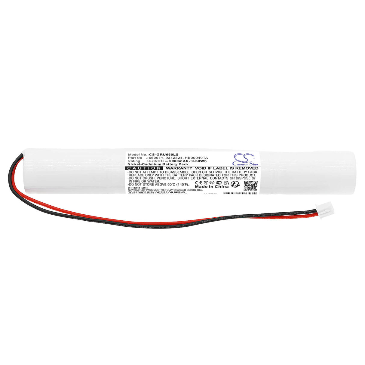 4.8V, Ni-CD, 2000mAh, batterie d'éclairage de secours compatible avec Legrand, 660971, B65led 6 614 40, B65led 6 624 34/40, 9.60Wh Éclairage de secours Cameron Sino Technology Limited
