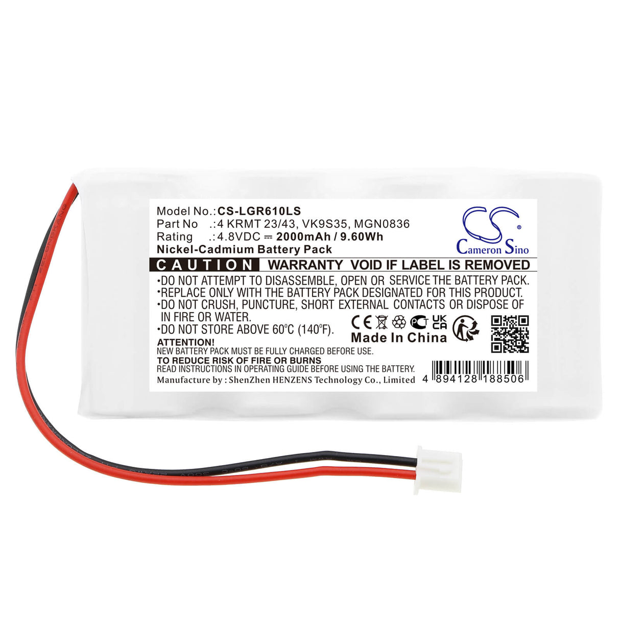 4.8V, Ni-CD, 2000mAh, batterie d'éclairage de secours compatible avec Saft, Legrand, 4 Krmt 23/43, 61091, Ngn0725, 9.60Wh Éclairage de secours Cameron Sino Technology Limited