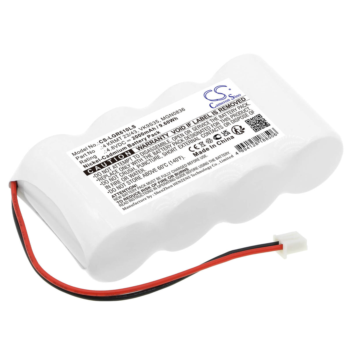 4.8V, Ni-CD, 2000mAh, batterie d'éclairage de secours compatible avec Saft, Legrand, 4 Krmt 23/43, 61091, Ngn0725, 9.60Wh Éclairage de secours Cameron Sino Technology Limited