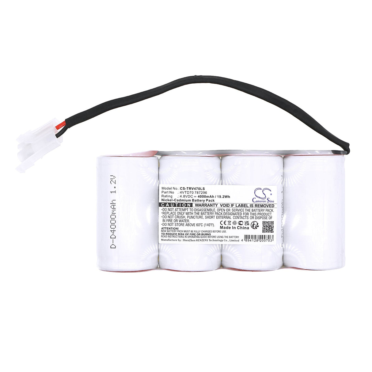 4,8V, Ni-CD, 4000mAh, batterie d'éclairage de secours compatible avec Thorn Voyager, Lite-plan, 4vtd70 787296, Hrn/4-k, 19,2Wh Éclairage d'urgence Cameron Sino Technology Limited