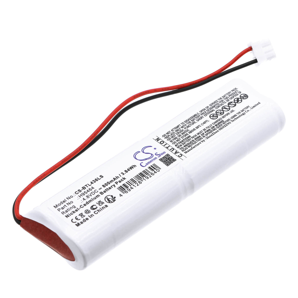 4.8V, Ni-CD, 800mAh, batterie d'éclairage de secours compatible avec Bticino, H95464, L4368/1, L4368/1l, 3.84Wh Éclairage de secours Cameron Sino Technology Limited