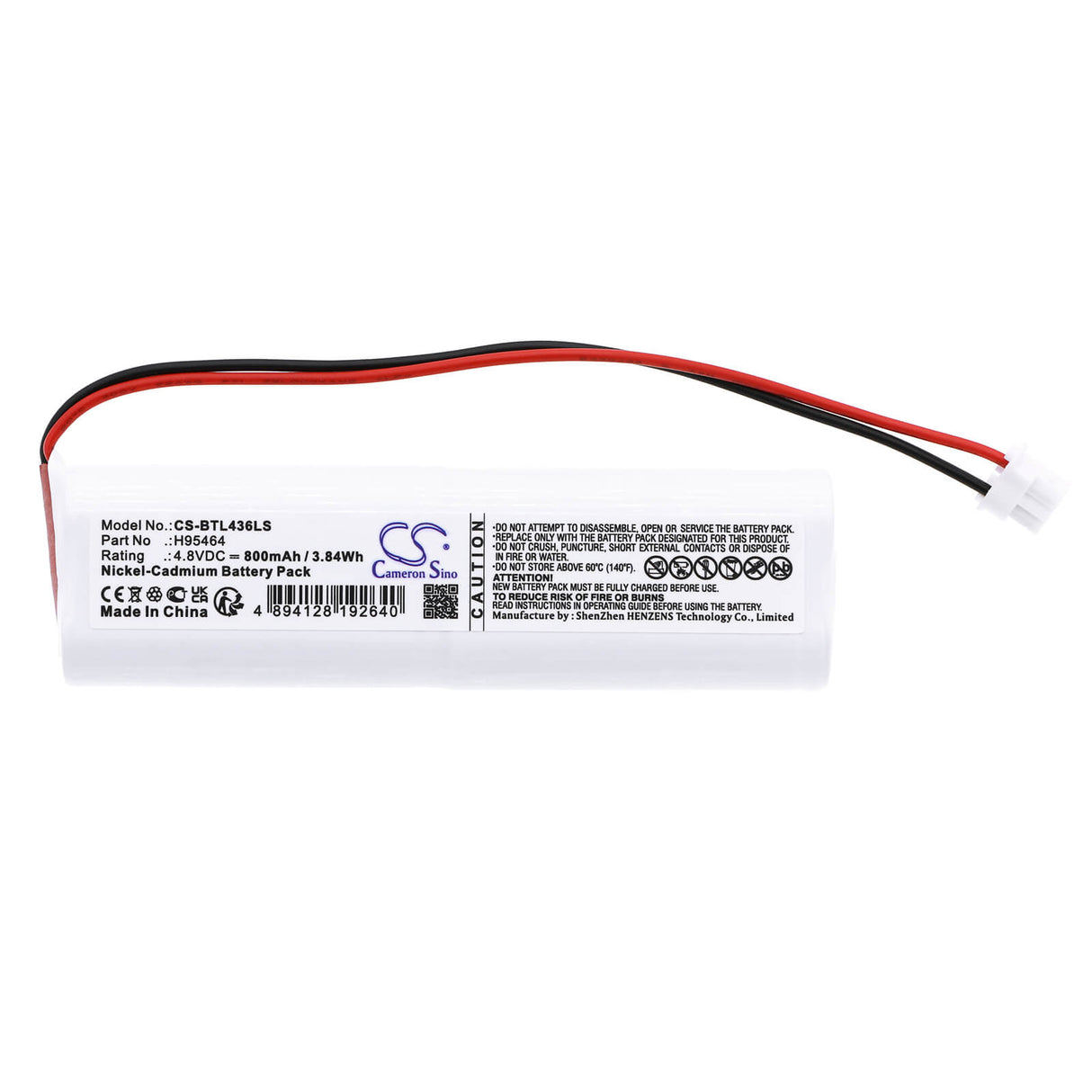 4.8V, Ni-CD, 800mAh, batterie d'éclairage de secours compatible avec Bticino, H95464, L4368/1, L4368/1l, 3.84Wh Éclairage de secours Cameron Sino Technology Limited
