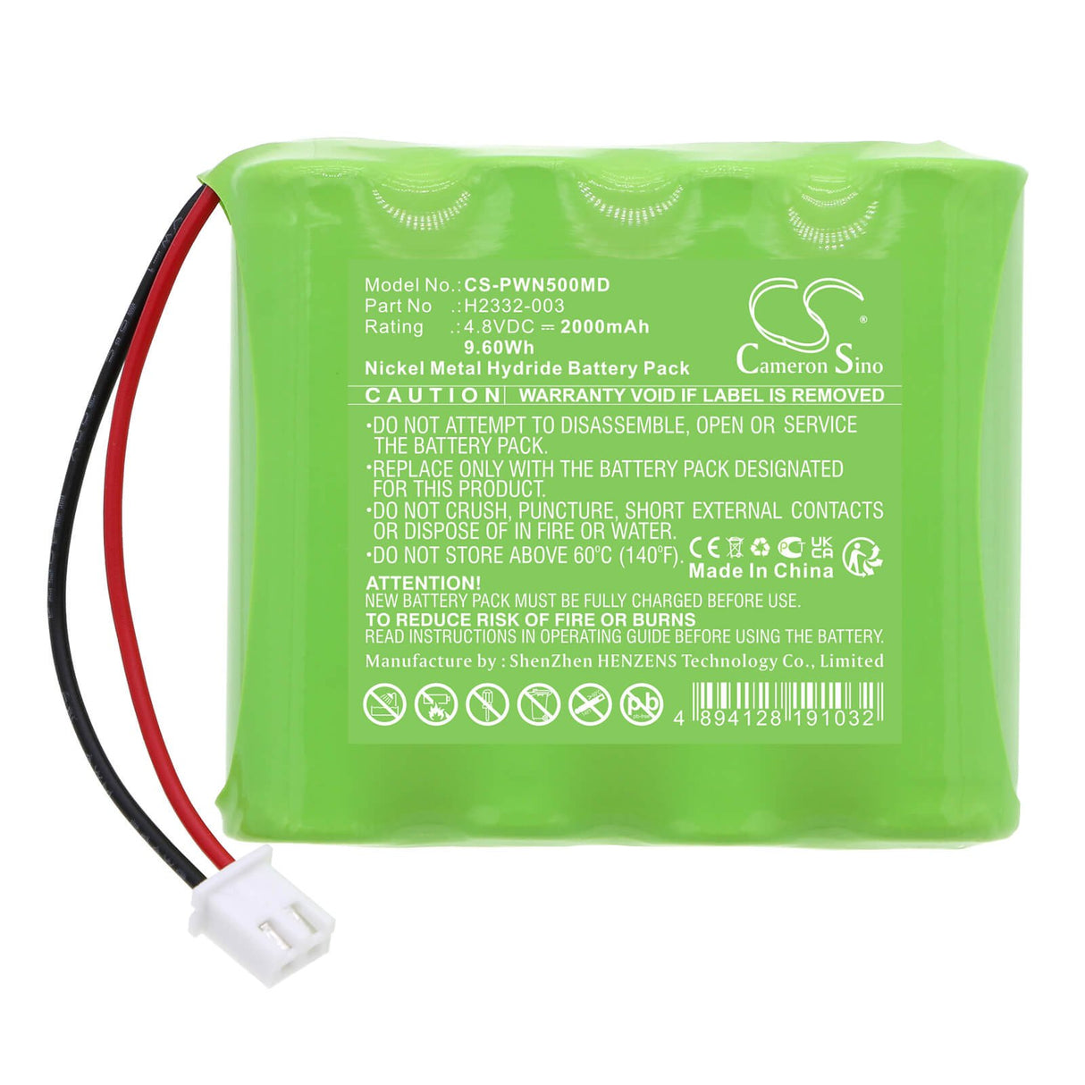 4.8V, Ni-MH, 2000mAh, Batterie médicale compatible avec Ade, H2332-003, Pwn5, 9.60Wh Medical Cameron Sino Technology Limited (Médical)