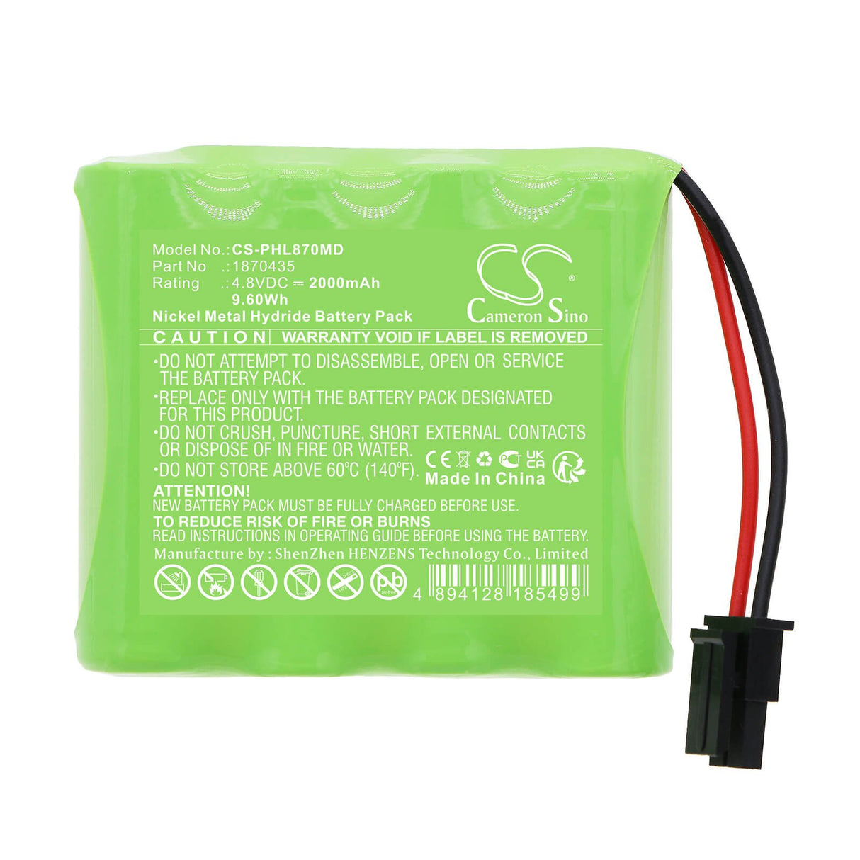 4,8V, Ni-MH, 2000mAh, Batterie médicale compatible avec Philips, 1870435, Système d'alerte mobile Gosafe, Lifeline Gosafe Mobile Alert S, 9,60Wh Medical Cameron Sino Technology Limited (Médical)