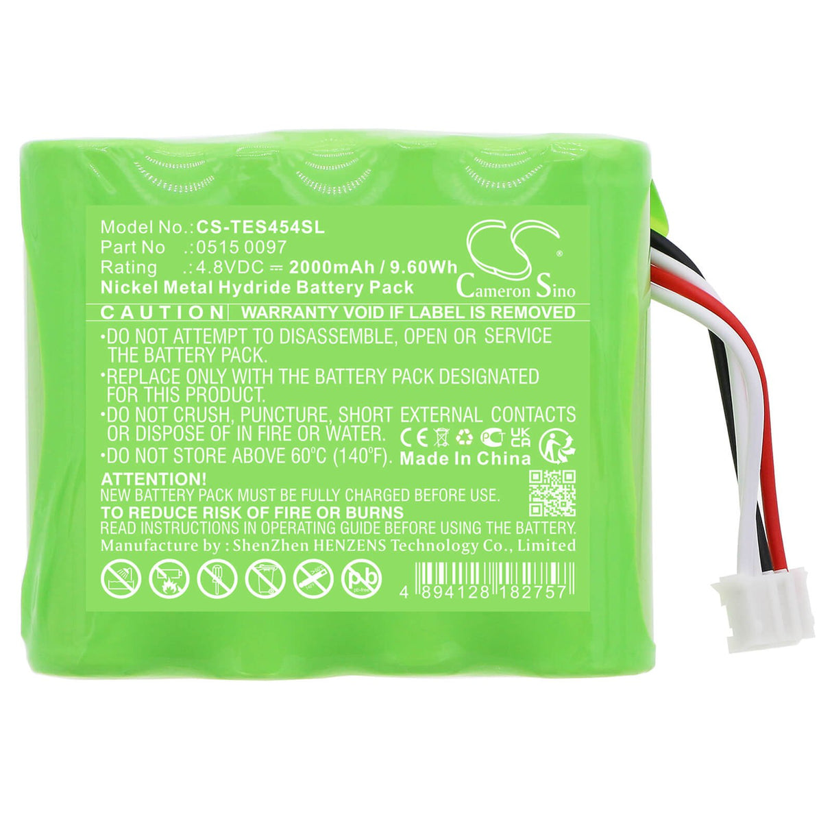 4.8V, Ni-MH, 2000mAh, Batterie d'équipement compatible Testo, 0515 0097, 350 Control, 454 Control, 9.6Wh Équipement, Enquête, Test Cameron Sino Technology Limited