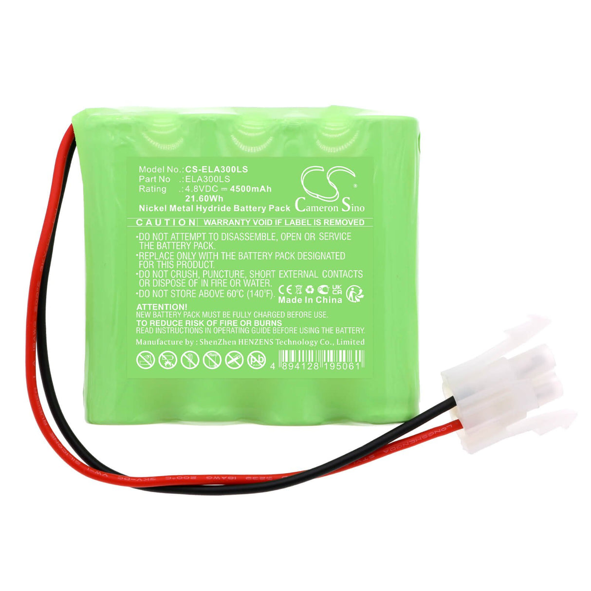4.8V, Ni-MH, 4500mAh, batterie d'éclairage d'urgence compatible avec Cameron Sino Technologies, CS-ELA300LS, 21.60Wh Éclairage d'urgence Cameron Sino Technology Limited