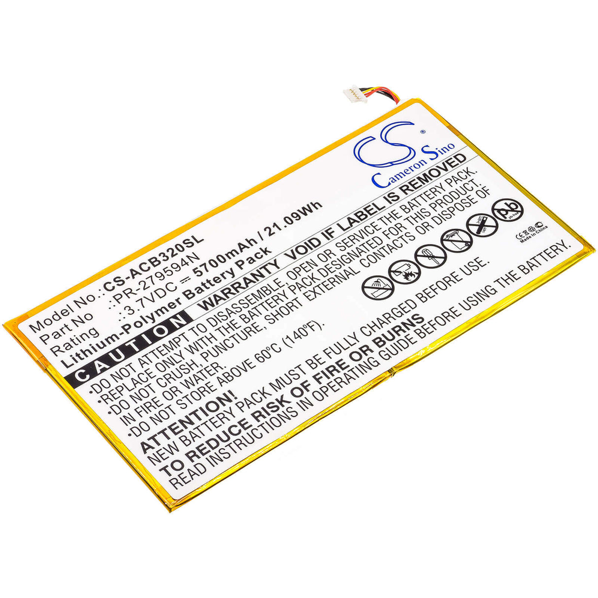 3.7V, Li-Polymer, 5700mAh, Tablet battery fits Acer, Kt.0020h.002, A3-a40, A3-a50, 21.09Wh Tablet Cameron Sino Technology Limited