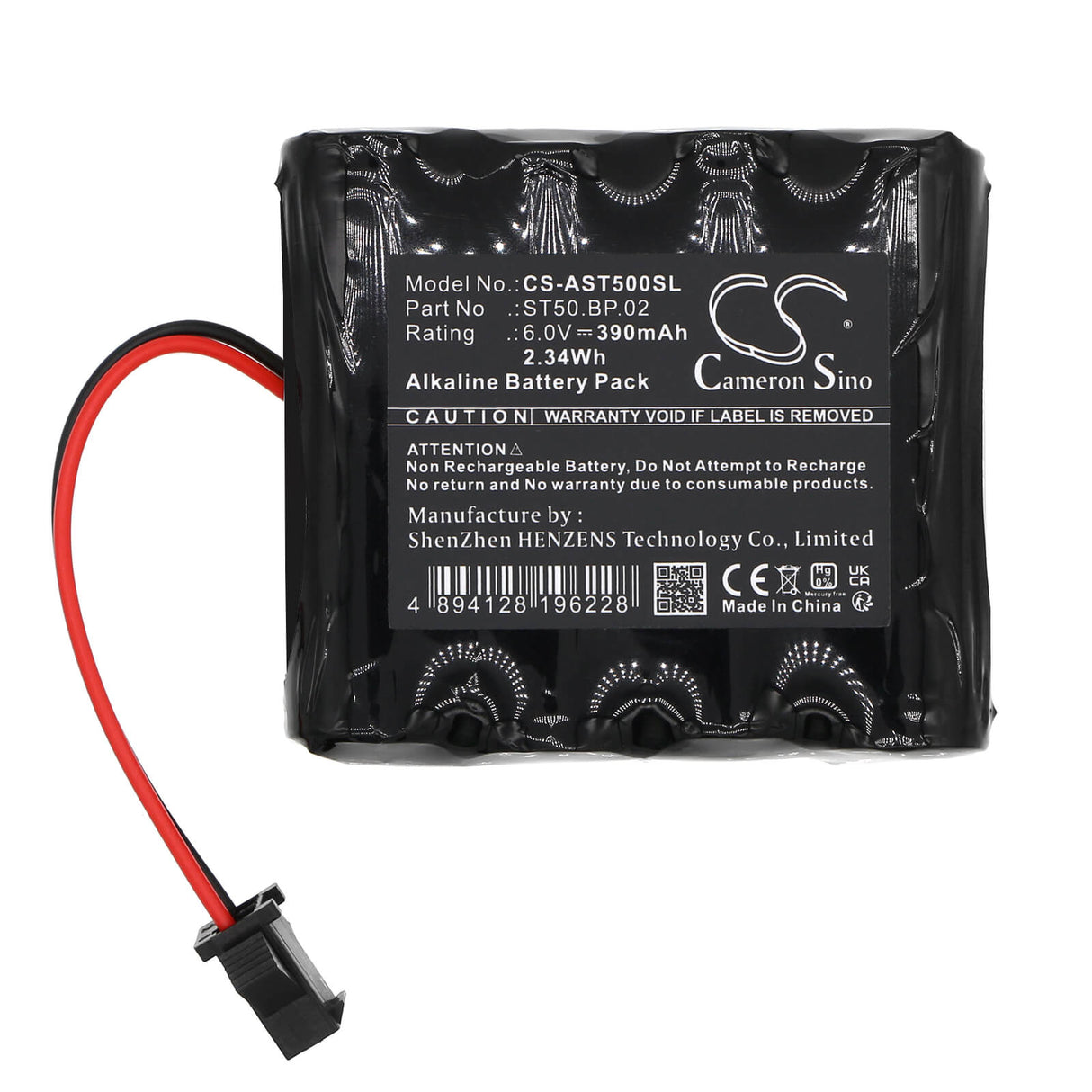 6.0V, Alcaline, 390mAh, Batterie de serrure de porte compatible avec Amadeo, St50.bp.02, A-lock St50, 2.34Wh Serrure de porte Cameron Sino Technology Limited