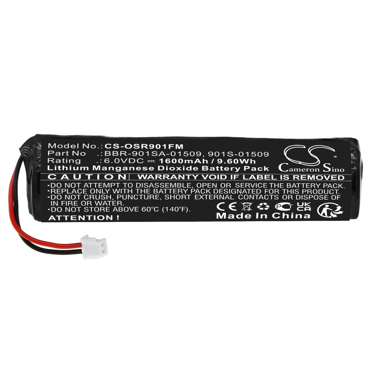 6.0V, Li-MnO2, 1600mAh, batterie de sécurité marine compatible avec Rescueme, Ocean Signal, 901s-01509, balise de détresse Mob1, Rescueme Mob1, dispositifs de sécurité marine et de flottaison de 9.6Wh Cameron Sino Technology Limited