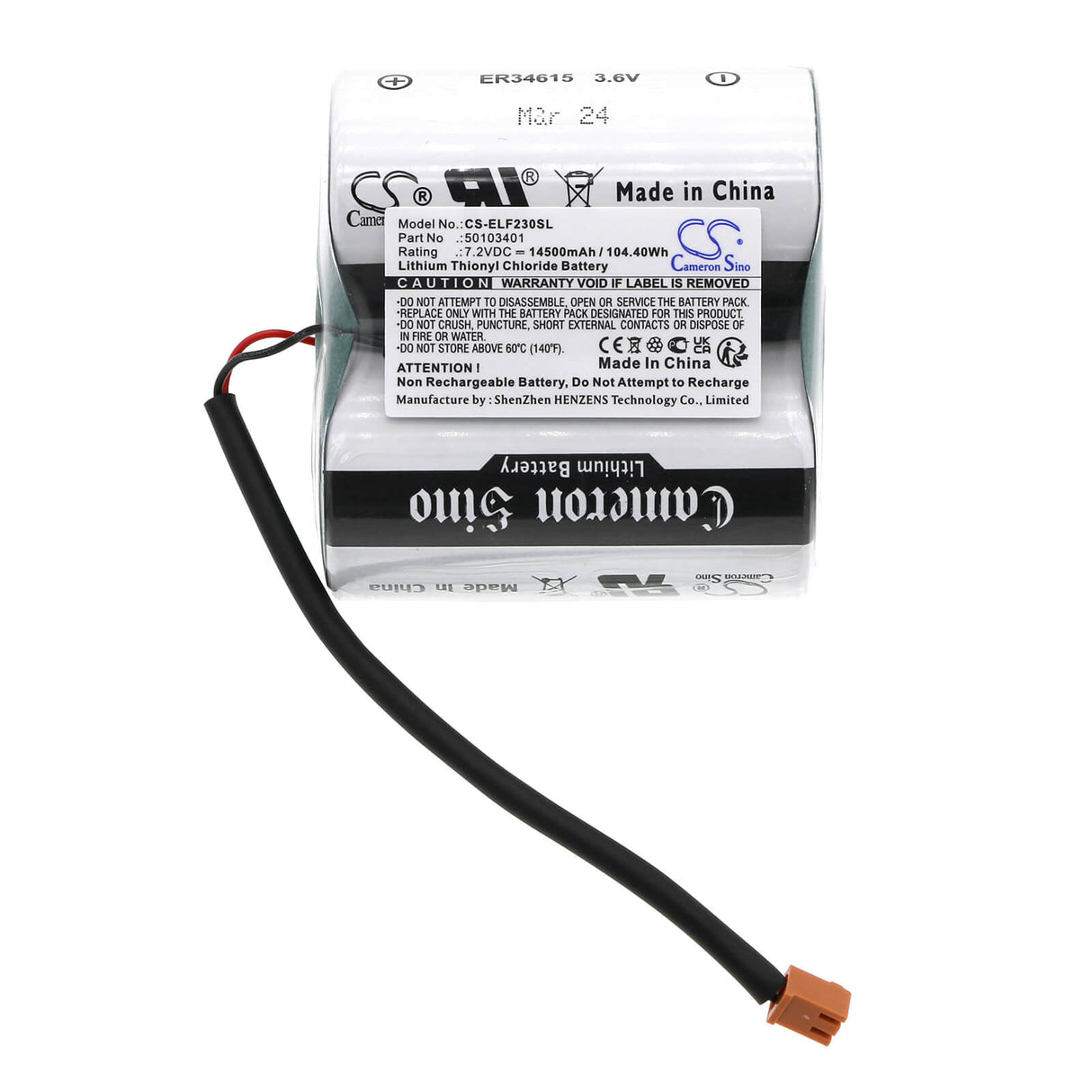 7.2v, Li-socl2, 14500mah, PLC Battery fits Elster, Fe230, 104.40wh PLC Cameron Sino Technology Limited (Dangerous Goods)