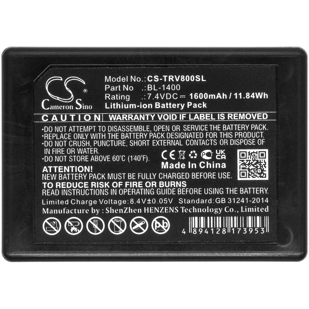 7.4V, Li-ion, 1600mAh, Batterie d'équipement compatible avec Hi-target, Bl-1400, V10RTK, V8, 11.84Wh Équipement, Enquête, Test Cameron Sino Technology Limited