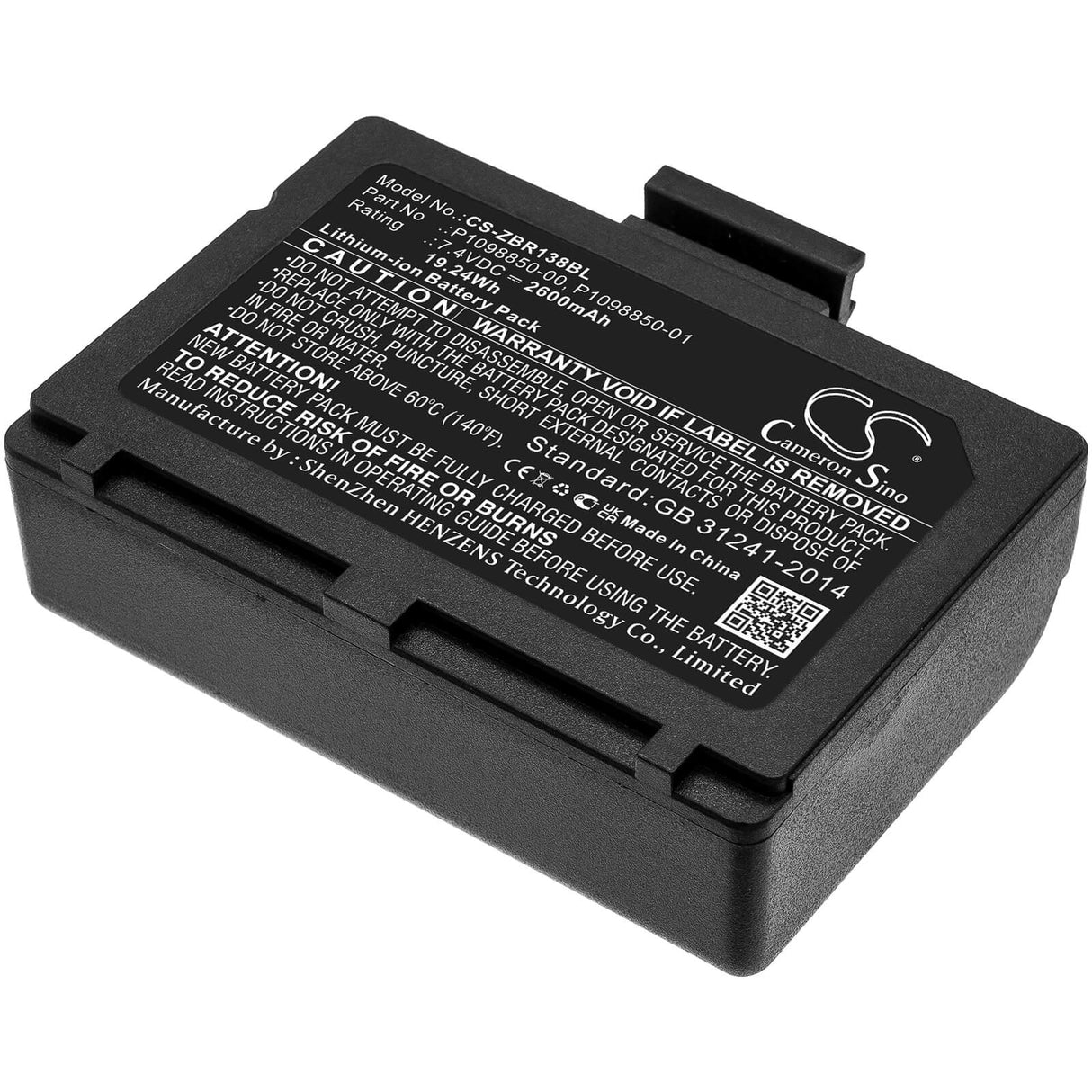 7.4V, Li-ion, 2600mAh, Portable Printer battery fits Zebra, P1098850-00, Zr138, 19.24Wh Portable Printer Cameron Sino Technology Limited