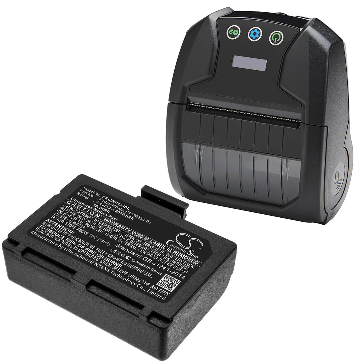 7.4V, Li-ion, 2600mAh, Portable Printer battery fits Zebra, P1098850-00, Zr138, 19.24Wh Portable Printer Cameron Sino Technology Limited