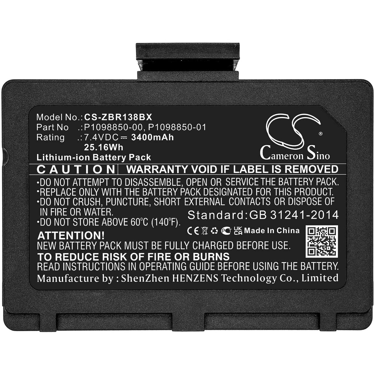7.4V, Li-ion, 3400mAh, Portable Printer battery fits Zebra, P1098850-00, Zr138, 25.16Wh Portable Printer Cameron Sino Technology Limited