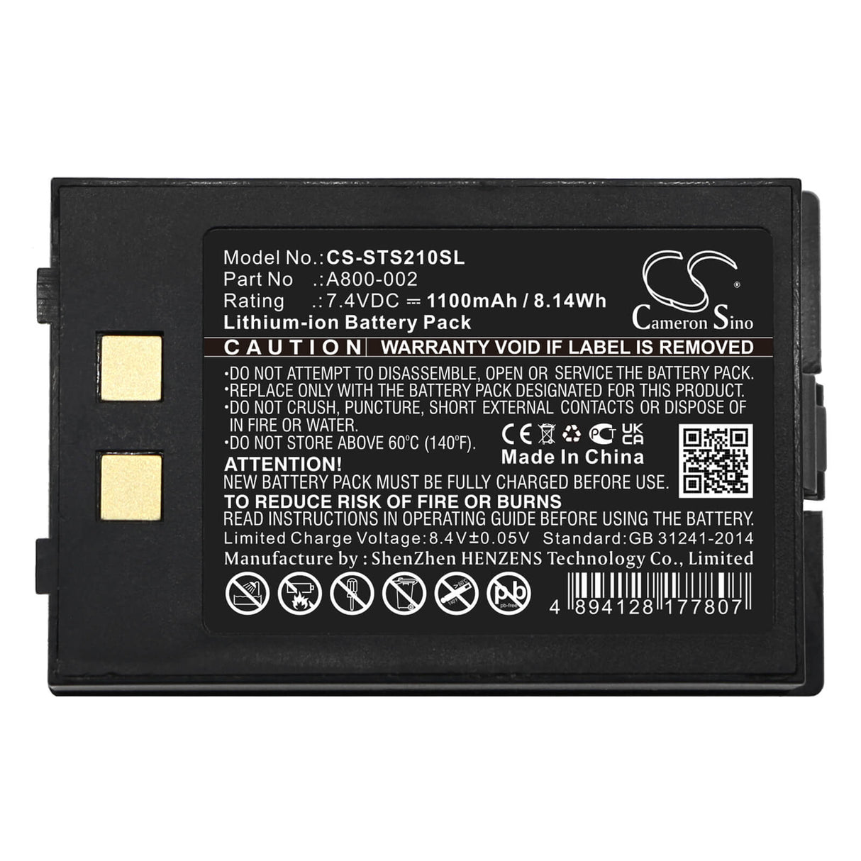 7,4V, Li-ion, 1100mAh, batterie d'imprimante portable compatible avec Star, A800-002, Sm-s210i, 8,14Wh Imprimante portable Cameron Sino Technology Limited