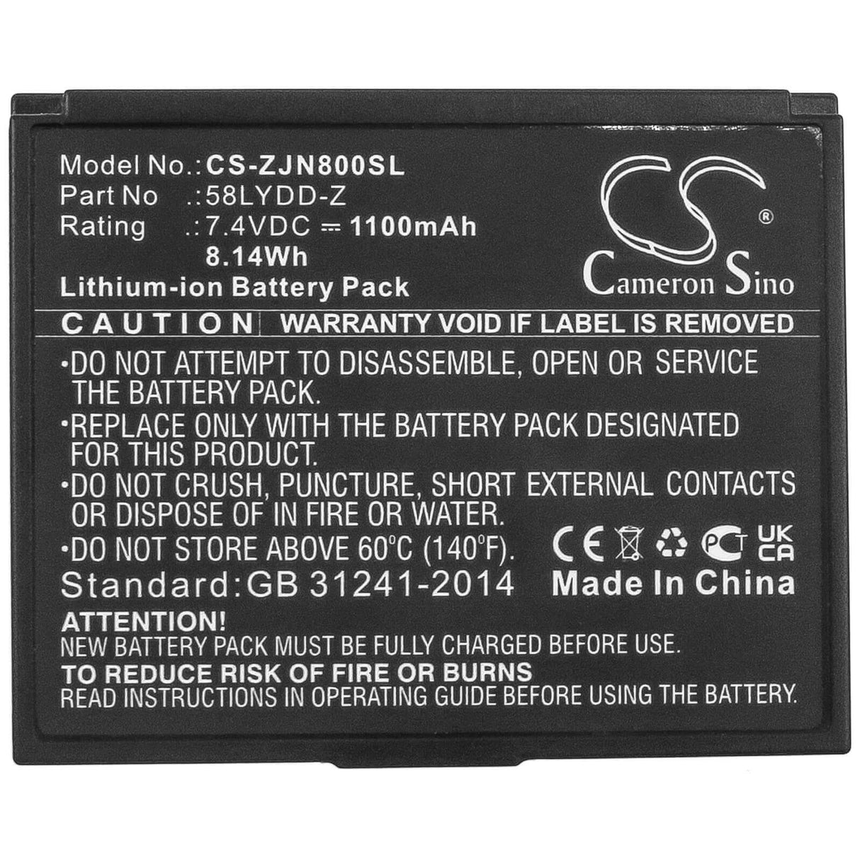 7.4V, Li-ion, 1100mAh, Batterie d'imprimante portable compatible avec Zjiang, 58lydd-z, Zj-5802, Zj-8001, 8.14Wh Imprimante portable Cameron Sino Technology Limited